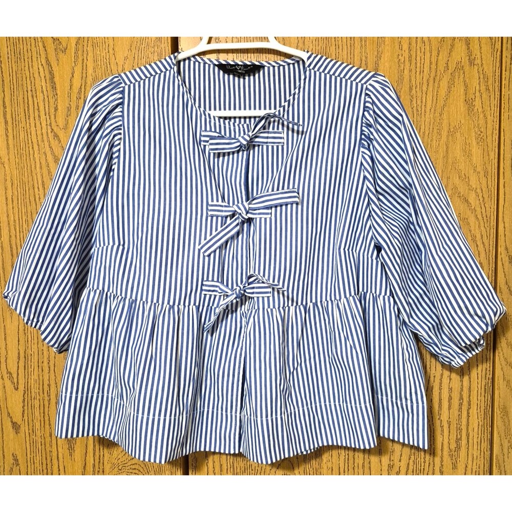 Velvet Heart Los Angeles 3/4 Sleeve Navy & White Pin Stripe Blouse Bows Sz M